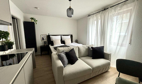 Modern studio apartment in Lörrach-Stetten – 5 minutes walk to Riehen, and direct tram connection to Basel.