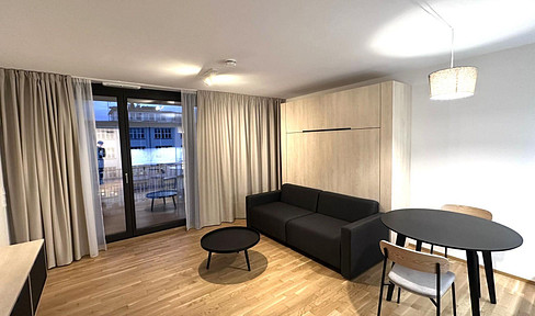 Modern, fully furnished apartment in a new building, featuring a large balcony and located directly on the Elbe River.