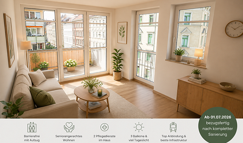 Bright, accessible 3-room apartment, newly renovated with balconies.