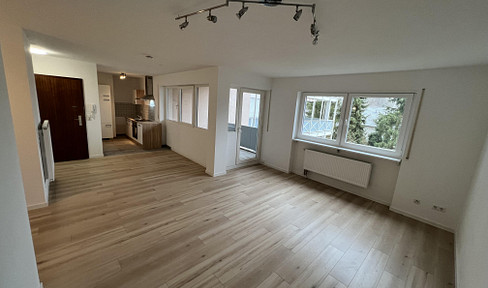 Renovated 1.5-room apartment with a south-facing balcony, fitted kitchen, and underground parking, available from August 1st.