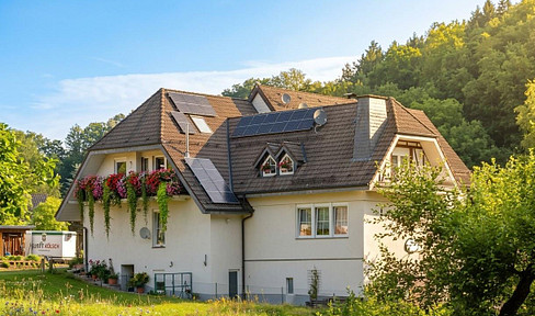 Energy-efficient two-family house with a balcony and a large garden.
