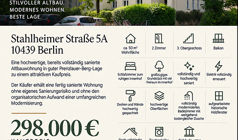 High-quality renovated 2-room apartment in a historic building with a balcony, located in Prenzlauer Berg.