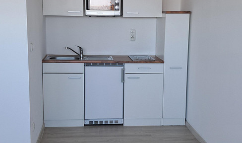 Large one-room apartment with fitted kitchen, bathroom, and hallway.