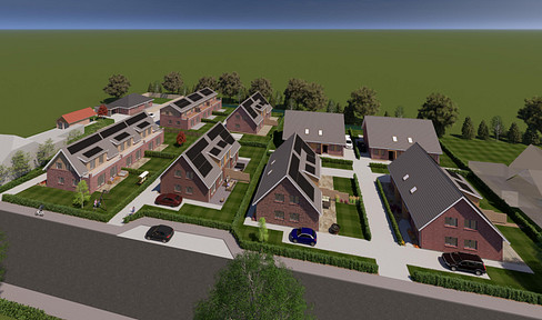 Turnkey semi-detached house built using a timber frame construction method – KfW40 QNG standard included, with photovoltaic panels and landscaping.