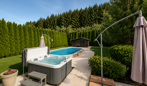 Live and enjoy – spacious bungalow with a pool, jacuzzi, and a dreamlike location bordering a forest.
