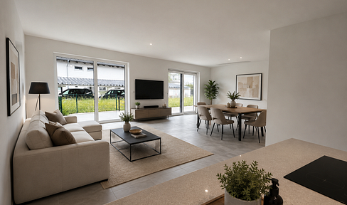 New construction house with a separate apartment, garden, and double garage.