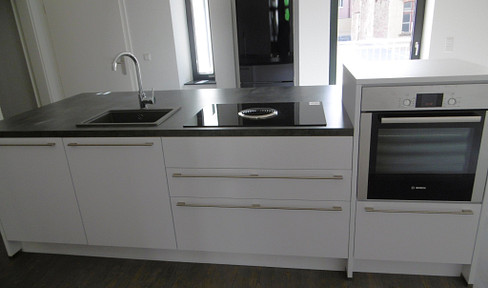 Modern loft apartment with built-in kitchen and balcony.