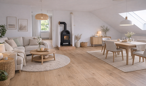 Modern attic apartment with a balcony, garage, and fireplace, located in a quiet area with beautiful views.