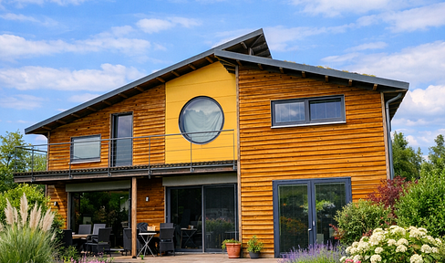 Bright, architect-designed wooden house in a sunny, natural setting on the edge of a field.
