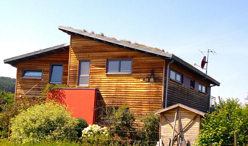 Lichtdurchflutetes Architekten-Holzhaus in naturnaher sonniger Feldrandlage