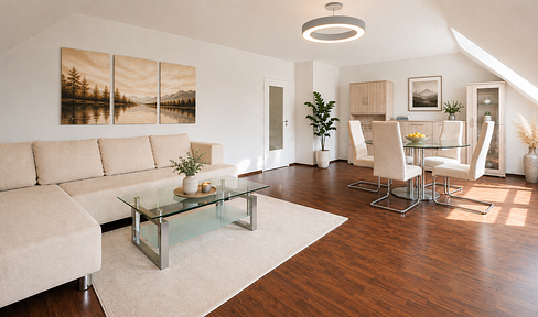 Bright 3-room attic apartment + large corner parking space in a garage, 2 balconies, fitted kitchen, 95m², located in Karlsfeld. No commission fees.