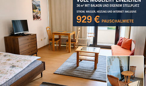 Furnished one-bedroom apartment with balcony, parking space, and all-inclusive rent.