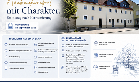 Erstbezug nach Kernsanierung | KfW55 EE | 61 m² | EG | Bahnhof 2 Min. | Bezugsfertig 10/2026
