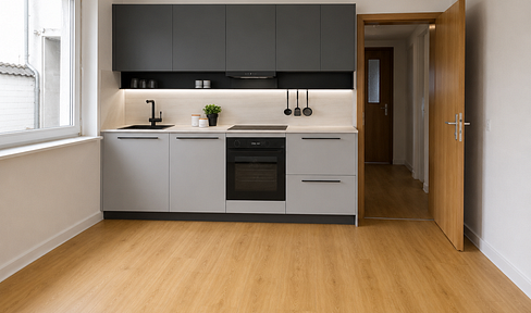 Renovated ground-floor apartment with a fitted kitchen and a modern bathroom.