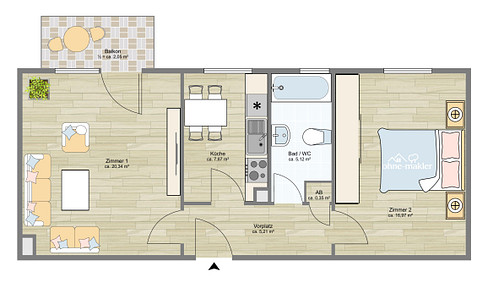Frisch sanierte 2 Zimmer Wohnung mit Küche und sonnigem Balkon