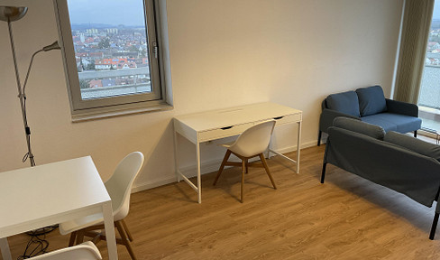 Modern penthouse apartment with a balcony and a view.