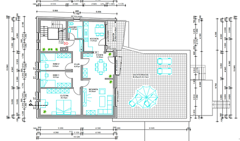 Modern 4-room apartment with a large rooftop terrace, fitted kitchen, and parking space.