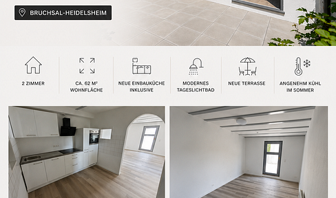 Completely renovated 2-room apartment with a new fitted kitchen and terrace, located in Heidelsheim, Bruchsal.