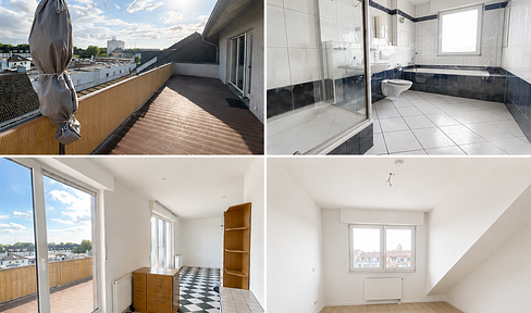 74 sqm attic apartment with a penthouse feel, featuring a 25 sqm rooftop terrace, and a garage available as an optional extra.