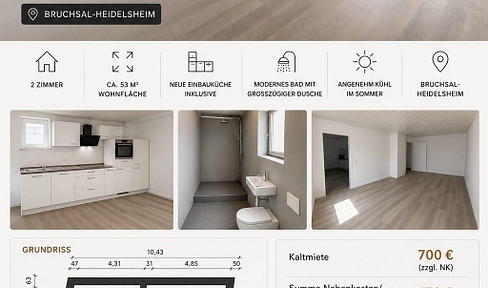 Completely renovated 2-room apartment with a large living room/kitchen in Bruchsal-Heidelsheim.