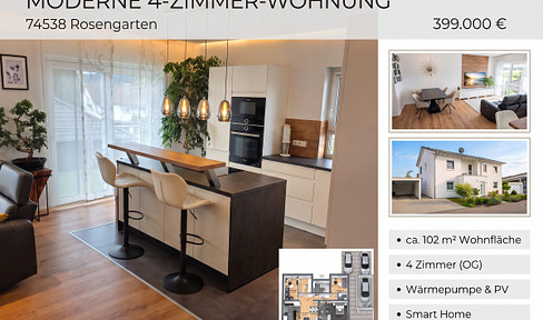 Modern 4-room apartment on the top floor, with solar panels, a heat pump, and smart home technology.