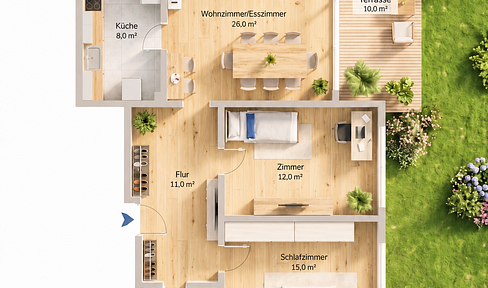 First occupancy after renovation: Quiet 3-room apartment with a south-facing terrace and garden access in Munich-Solln.