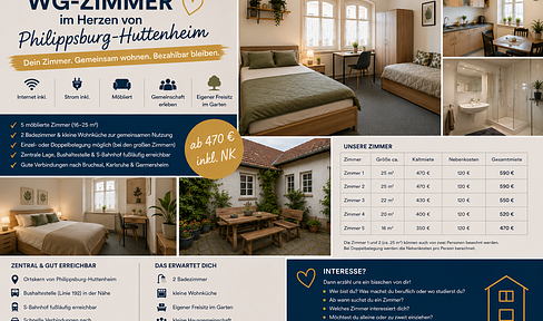 Möbliertes WG-Zimmer in Philippsburg-Huttenheim – 16 bis 25 m²