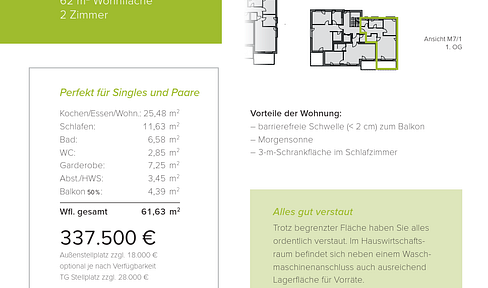 New construction apartment, building WHG 1.3, unit M7/1, 1st floor, 62 square meters.