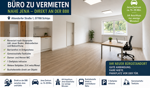 78 square meter office space with 2 offices + storage – located directly on B88 near Jena.
