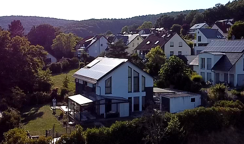 Modern house with a large garden.