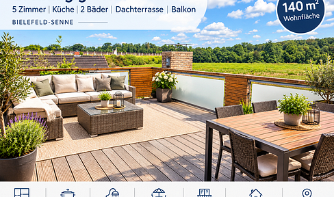 Duplex apartment, 5 rooms, 2 bathrooms, balcony and rooftop terrace, located in a quiet residential area in Bielefeld-Senne.