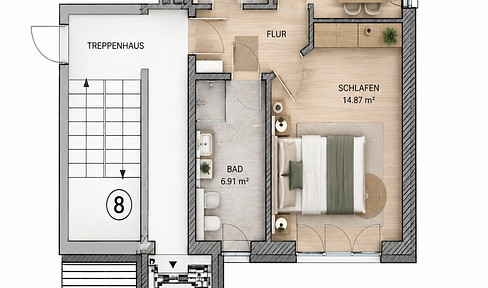 Apartment with elevator. 2-room apartment with a large balcony, modern shower, fitted kitchen, and barrier-free access.