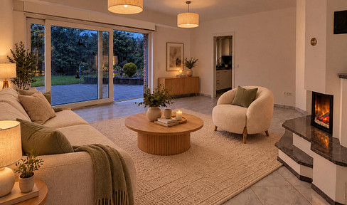 High-quality 90 m² garden apartment | Newly designed bathroom | Southwest-facing terrace | Garage and parking space.