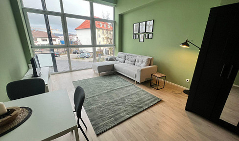 Glückshaus Eschwege: Spacious, furnished one-bedroom apartment with fitted kitchen.