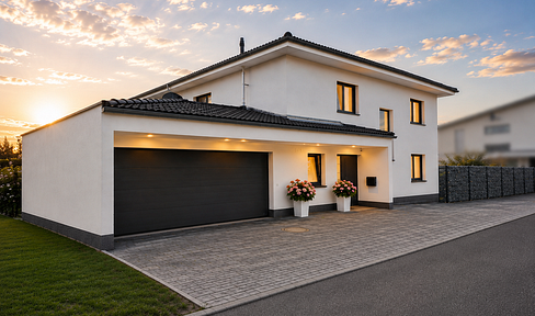 Modern single-family house with a pool and a Mediterranean-style garden.