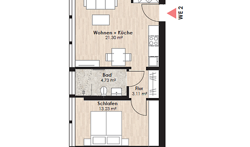 Arrive and feel at home: Bright 2-room apartment with an open-plan living and dining area.