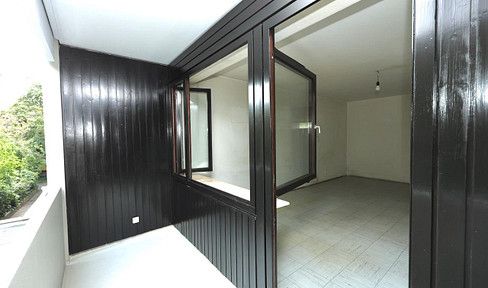 One-bedroom apartment with a kitchen, bathroom, and balcony overlooking greenery, located on Kaiserallee.