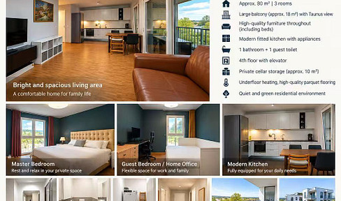 Fully furnished, modern 3-room apartment with a large balcony and views of the Taunus mountains, located in Oberursel.