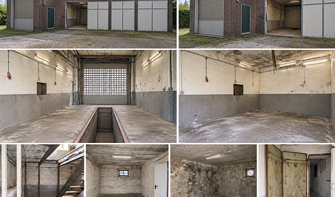 Commercial/workshop hall with a pit, double garage, and storage space.