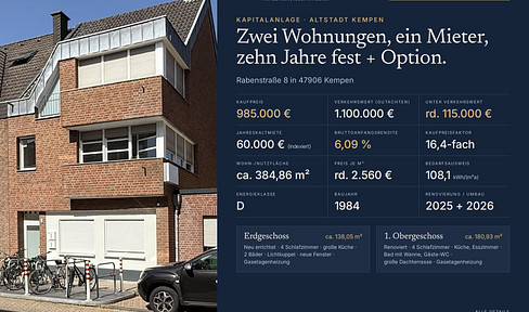 Kapitalanlage Altstadt Kempen: 2 Wohnungen, 10 Jahre fest vermietet, 6,09 % Rendite, provisionsfrei