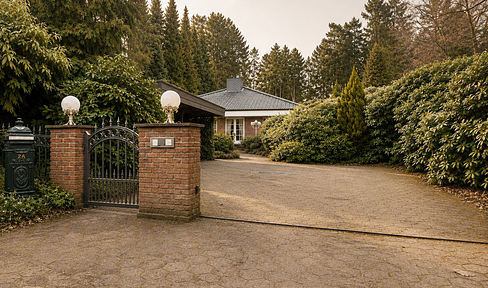 Detached bungalow with a hipped roof – 213 m² of living space, a large plot of land, and plenty of privacy.