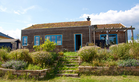 House by the lake with a green roof.