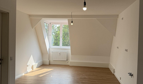 Living in a historic building – newly renovated 115 m² attic apartment with a spacious living area.
