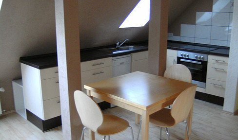 One-room studio apartment with fitted kitchen and a sleeping loft.