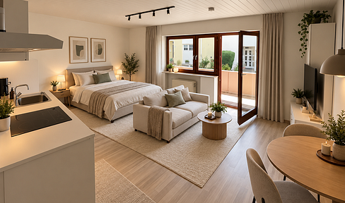 Schönes, helles Ein-Zimmer-Apartment mit großem Balkon, Einbauküche und Stellplatz