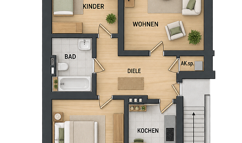 3-room ground floor apartment with balcony, available from November 1st, 2026.