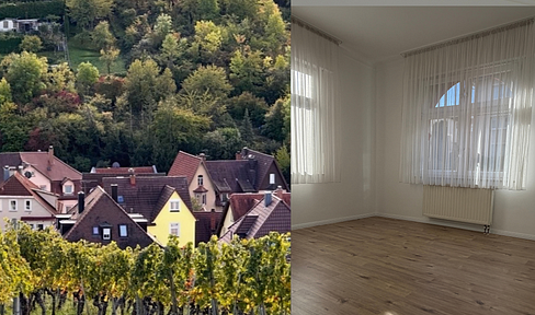 Bright and quiet 3-room apartment in a historic building with stucco details.