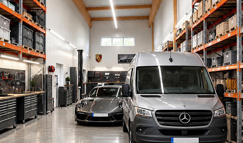 Commercial hall in excellent condition, located in 86415 Mering, for rent. Features include: electric gate, toilet, water connection, IT infrastructure, power supply, and more.