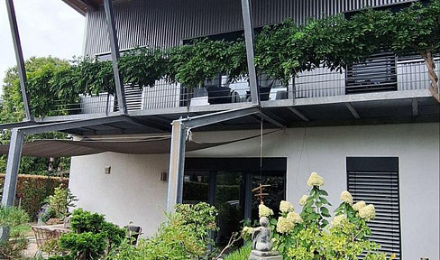 Modern Rhine-area house with a photovoltaic system, heat pump, and low-maintenance garden.