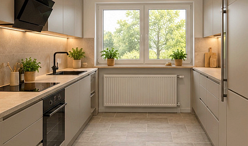 Newly renovated 4-room apartment (99 square meters) with a large balcony, a new fitted kitchen, and a garage, located in Sassenberg.
